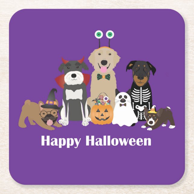 Posavasos Cuadrado De Papel Felices disfraces Mascotas de Halloween (Anverso)