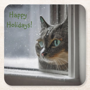 Posavasos Cuadrado De Papel Felices fiestas gatos de Kitty