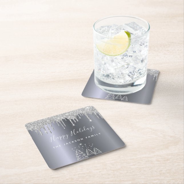 Posavasos Cuadrado De Papel Felices fiestas navideñas purpurinas de plata árbo (In situ)