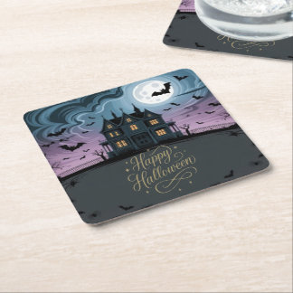 Posavasos Cuadrado De Papel Felices Halloween embrujados anfitriones