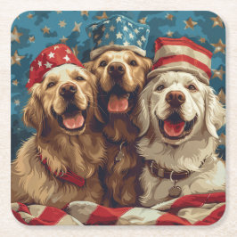 Posavasos Cuadrado De Papel Felices Perros De Golden Retriever Del 4 De Julio