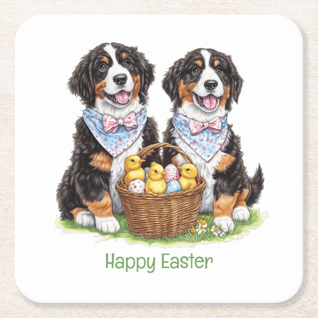 Posavasos Cuadrado De Papel Felices perros montañeses de Pascua (Anverso)