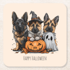 Posavasos Cuadrado De Papel Felices perros pastores alemanes de Halloween