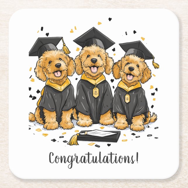Posavasos Cuadrado De Papel Felicitaciones Graduación Perros Goldendoodle (Anverso)