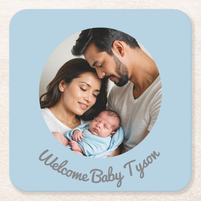 Posavasos Cuadrado De Papel Felicitaciones recién nacido niño azul, bienvenido (Anverso)