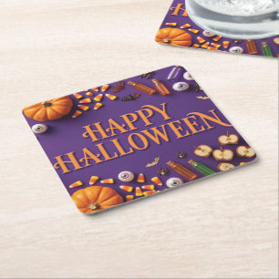 Posavasos Cuadrado De Papel Feliciz Halloween Composición plana en morado 