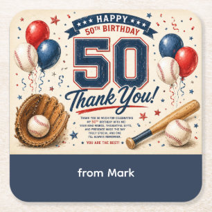 Posavasos Cuadrado De Papel Feliz 50 cumpleaños de béisbol Gracias