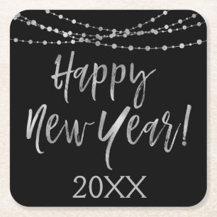 Posavasos Cuadrado De Papel Feliz Año Nuevo Luz de las cadenas de Relieve meta