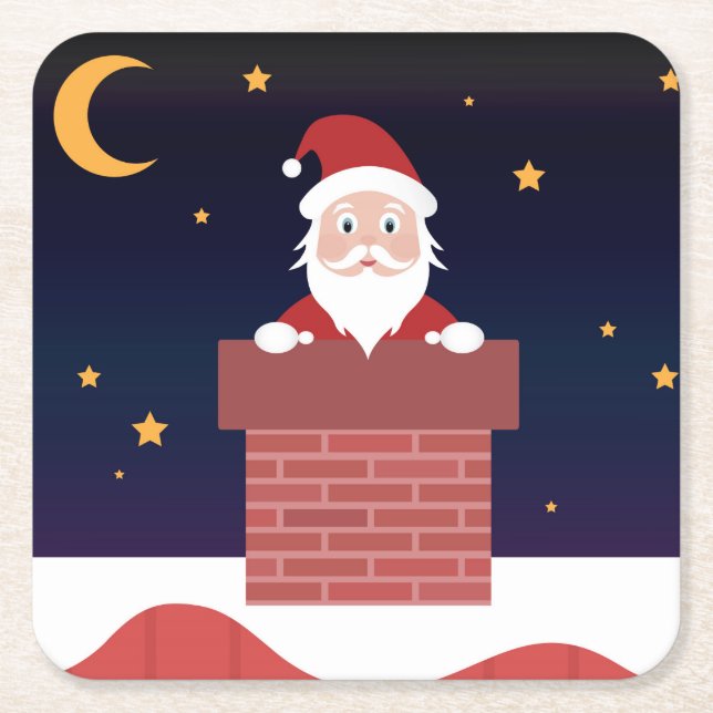 Posavasos Cuadrado De Papel Feliz Año Nuevo Santa en techo (Anverso)
