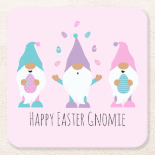 Posavasos Cuadrado De Papel Feliz Año Pascua Gnomie jadeando huevos de Pascua