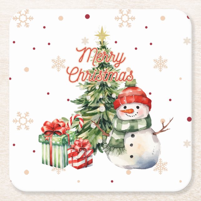 Posavasos Cuadrado De Papel Feliz árbol de Navidad Snowman y presente (Anverso)