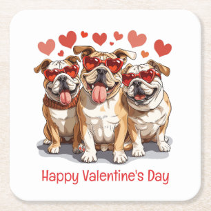 Posavasos Cuadrado De Papel Feliz Bulldog en inglés de San Valentín