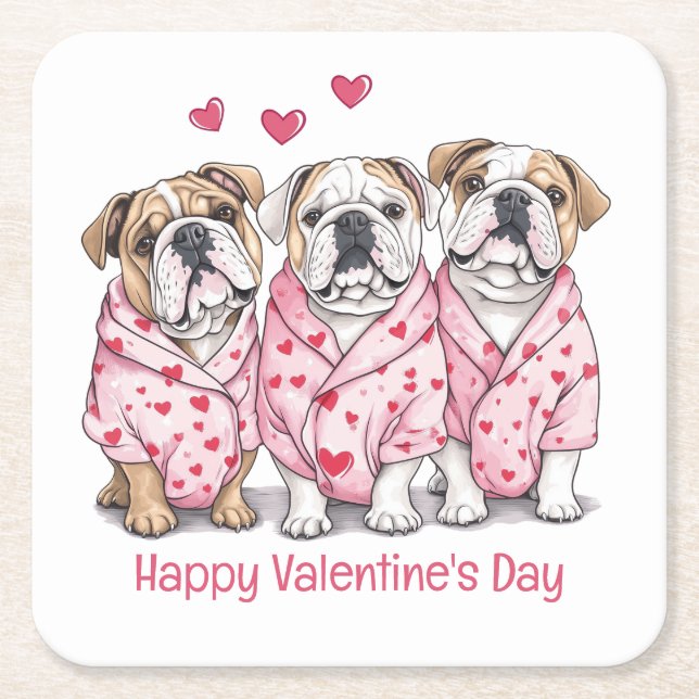 Posavasos Cuadrado De Papel Feliz Bulldog en inglés de San Valentín (Anverso)