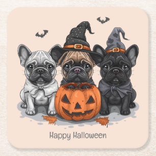 Posavasos Cuadrado De Papel Feliz Bulldog francés de Halloween