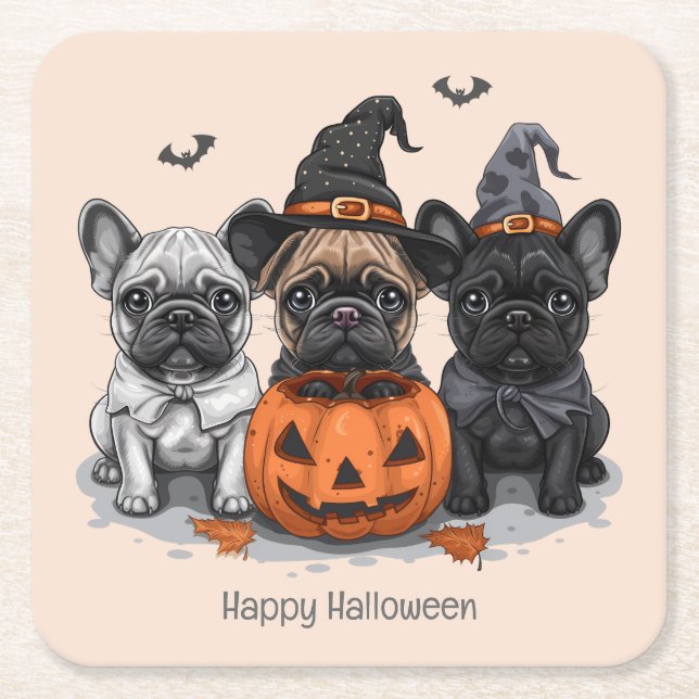 Posavasos Cuadrado De Papel Feliz Bulldog francés de Halloween (Anverso)
