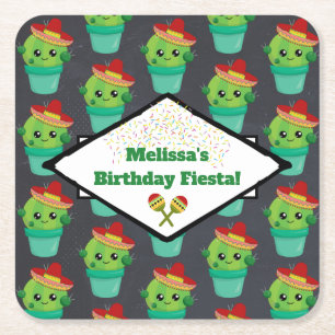 Posavasos Cuadrado De Papel Feliz Cactus Verde en un Patrón de Sombrero Rojo