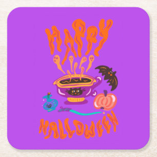 Posavasos Cuadrado De Papel Feliz café de la bruja amante del gato de Hallowee