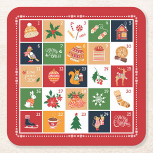 Posavasos Cuadrado De Papel Feliz calendario de anticipo navideño Poinsettia r