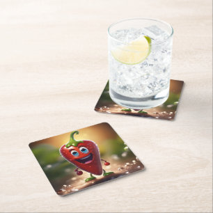Posavasos Cuadrado De Papel Feliz Chili Bean animado 3D,