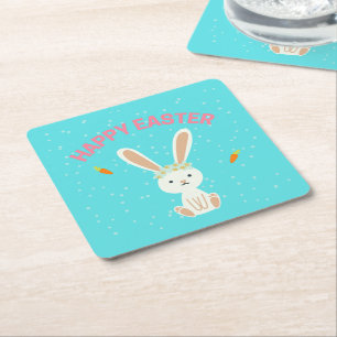 Posavasos Cuadrado De Papel Feliz conejito blanco de Pascua en azul
