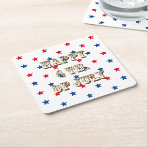 Posavasos Cuadrado De Papel Feliz cuarto de julio, oro, estrellas azules rojas