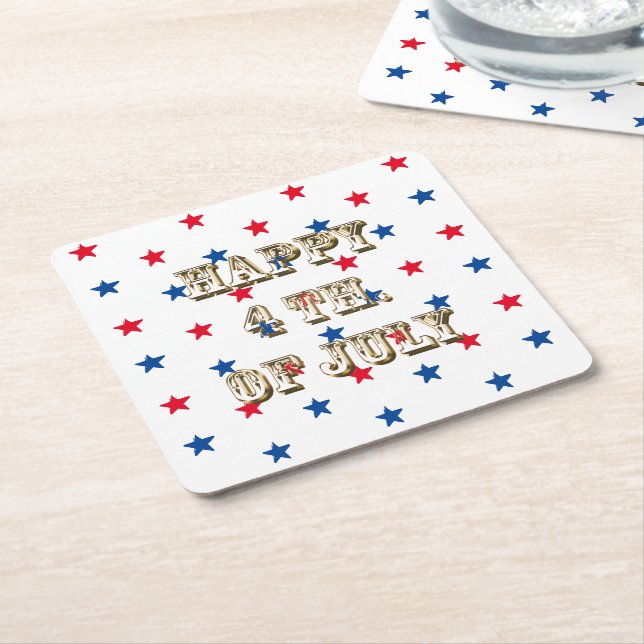 Posavasos Cuadrado De Papel Feliz cuarto de julio, oro, estrellas azules rojas (En perspectiva)