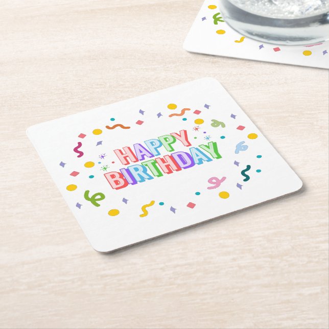 Posavasos Cuadrado De Papel Feliz Cumpleaños (En perspectiva)