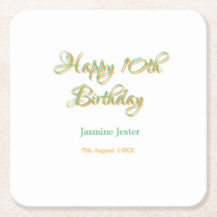 Posavasos Cuadrado De Papel feliz cumpleaños 10 naranja verde nombre fecha sim