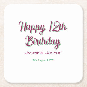 Posavasos Cuadrado De Papel feliz cumpleaños 12 verde rosa nombre fecha simple