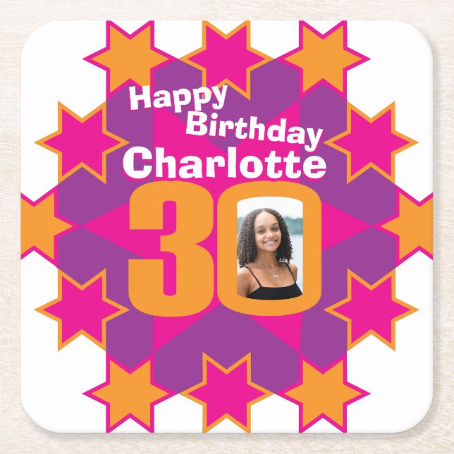 Posavasos Cuadrado De Papel Feliz cumpleaños 30º sujetadores de papel con nomb (Anverso)