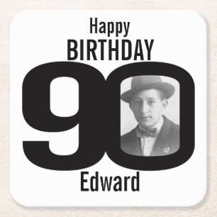 Posavasos Cuadrado De Papel Feliz cumpleaños 90º nombre y fotos de las taras d
