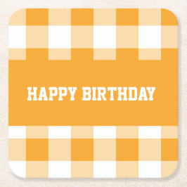 Posavasos Cuadrado De Papel Feliz cumpleaños amarillo gingham