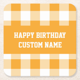 Posavasos Cuadrado De Papel Feliz cumpleaños amarillo gingham
