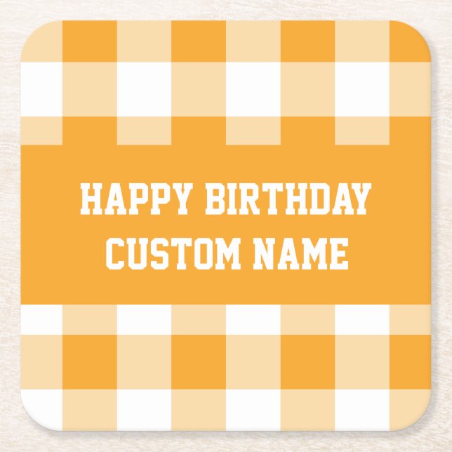 Posavasos Cuadrado De Papel Feliz cumpleaños amarillo gingham (Anverso)