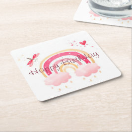 Posavasos Cuadrado De Papel Feliz cumpleaños, arcoiris rosa