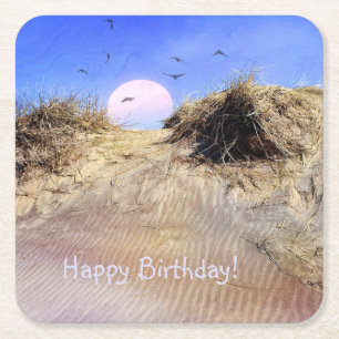 Posavasos Cuadrado De Papel Feliz cumpleaños Beach Sunrise Paper Coasters