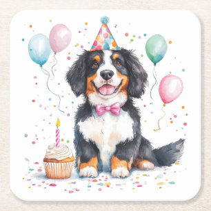 Posavasos Cuadrado De Papel Feliz Cumpleaños Bernese Mountain Dog