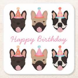 Posavasos Cuadrado De Papel Feliz cumpleaños Bulldog francés Fiestas Gorras ro
