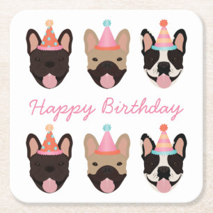 Posavasos Cuadrado De Papel Feliz cumpleaños Bulldog francés Fiestas Gorras ro