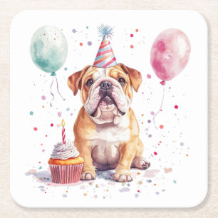 Posavasos Cuadrado De Papel Feliz Cumpleaños Bulldog Inglés