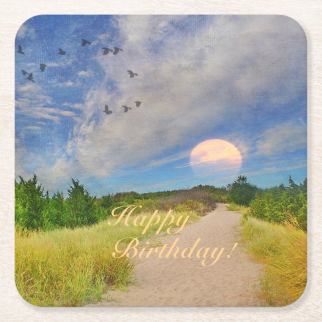 Posavasos Cuadrado De Papel Feliz Cumpleaños Camino De Atardecer A Placa De Pa (Anverso)