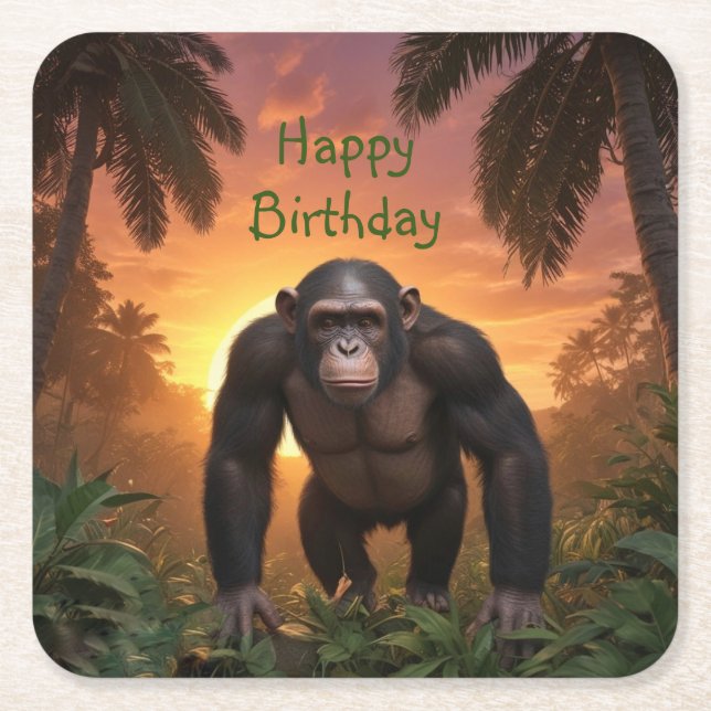 Posavasos Cuadrado De Papel Feliz cumpleaños Chimp (Anverso)