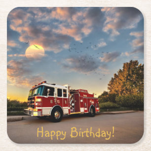 Posavasos Cuadrado De Papel Feliz Cumpleaños Coasters Camión de Bomberos