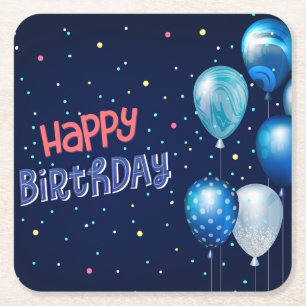 Posavasos Cuadrado De Papel Feliz Cumpleaños con Globos