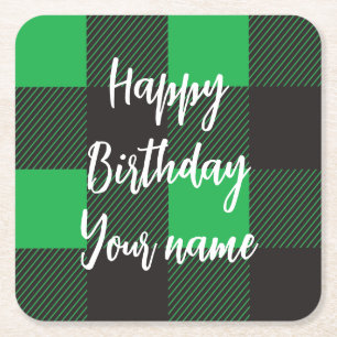 Posavasos Cuadrado De Papel Feliz Cumpleaños Cuadros Verdes