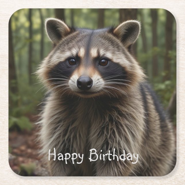 Posavasos Cuadrado De Papel Feliz cumpleaños, Cute Raccoon (Anverso)