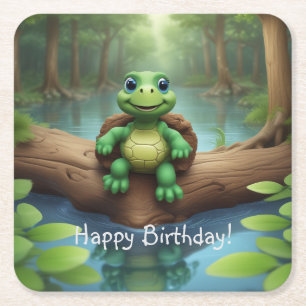 Posavasos Cuadrado De Papel Feliz cumpleaños de la tortuga