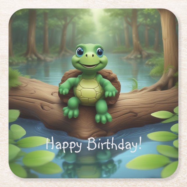 Posavasos Cuadrado De Papel Feliz cumpleaños de la tortuga (Anverso)