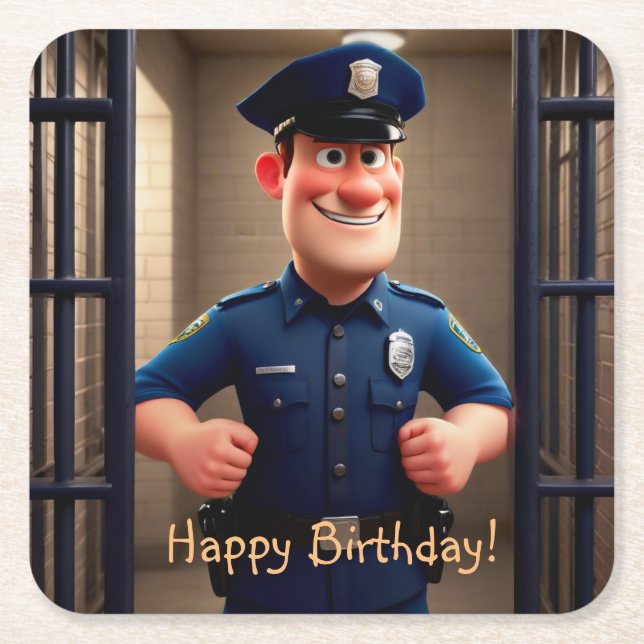 Posavasos Cuadrado De Papel Feliz cumpleaños del policía (Anverso)