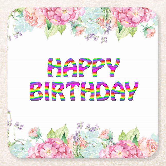 Posavasos Cuadrado De Papel Feliz cumpleaños, diseño floral (Anverso)